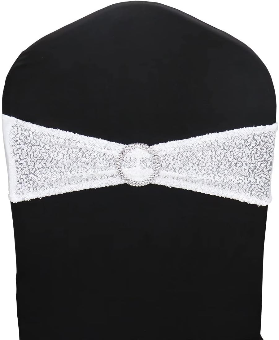 50 Pcs Chair Sashes Sequin Stretch Chair Bands Spandex Polyester Bows for Party Hotel Wedding Banquets Decoration - White