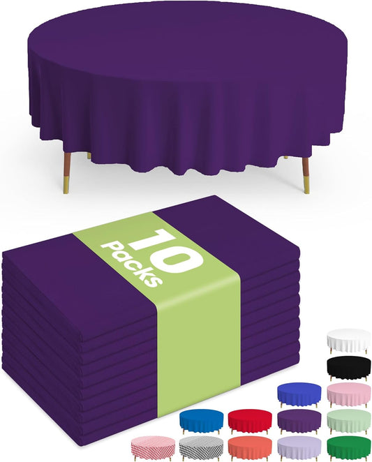 Pureegg Plastic Table Cloth Disposable 10 Pack, 84'' Round Table Cloths, Halloween Party Decorations, Summerween Decor, Halloween Tablecloths, Round, Plastic Cover, Leakproof & Sturdy, Purple