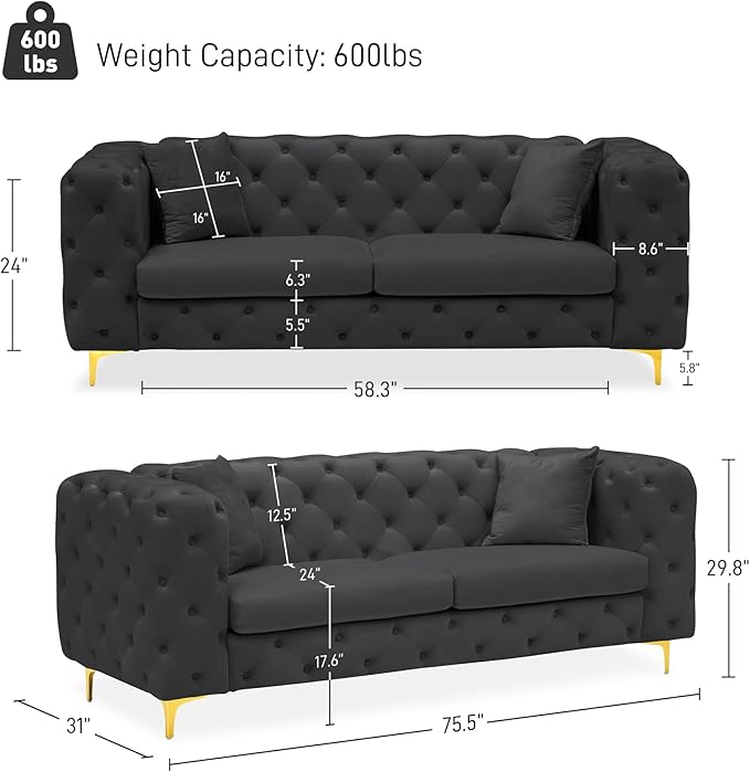 DAMAIFROM 75" Sofa Couch Mid Century Modern Velvet Couch Tufted Button Sofa - Image 2