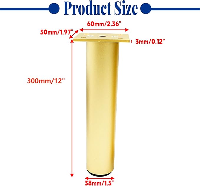 Set of 4 Aluminum Alloy Furniture Legs 12 Inch Height, 1.5 Inch Diameter - Image 2