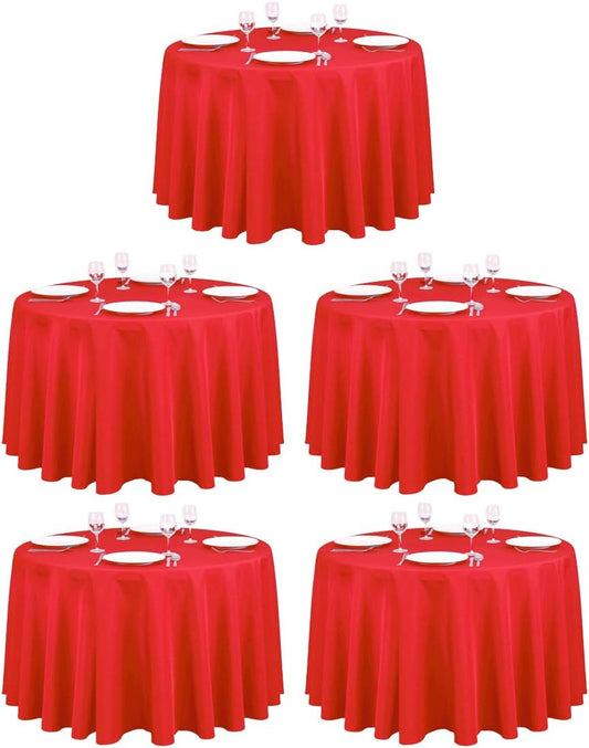 LTC LINENS 5 Pack 108 Inch Round Tablecloths Red - Bulk for 48 Inch Round Table Floor Length - Wrinkle Resistant Polyester Fabric Cloth for Wedding