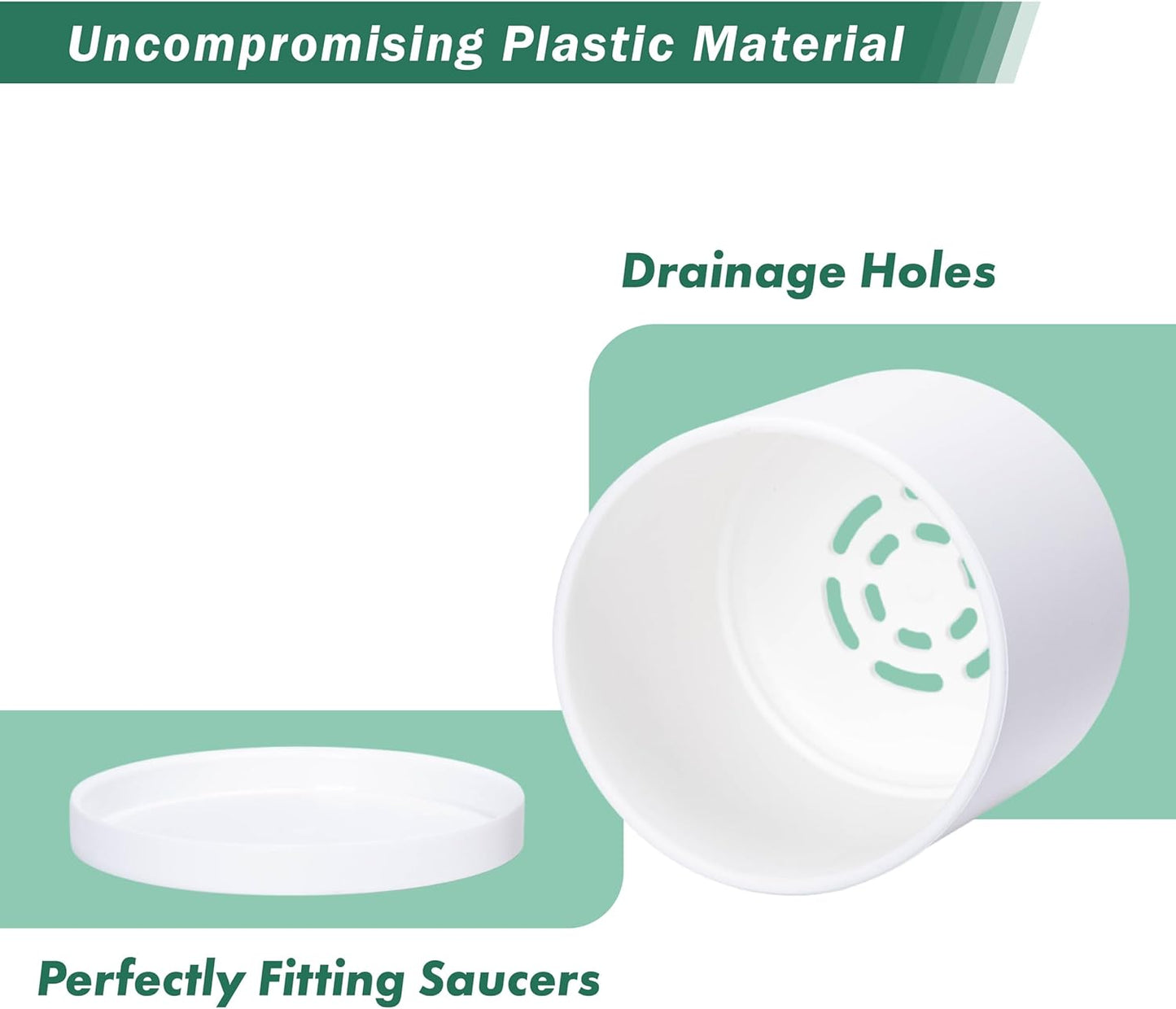 D'vine Dev 6 Pack 4 Inch Modern Plastic Plant Pots, Small Garden Planters for Plant with Drainage Holes and Saucers, White Color, 74-Z-E-3