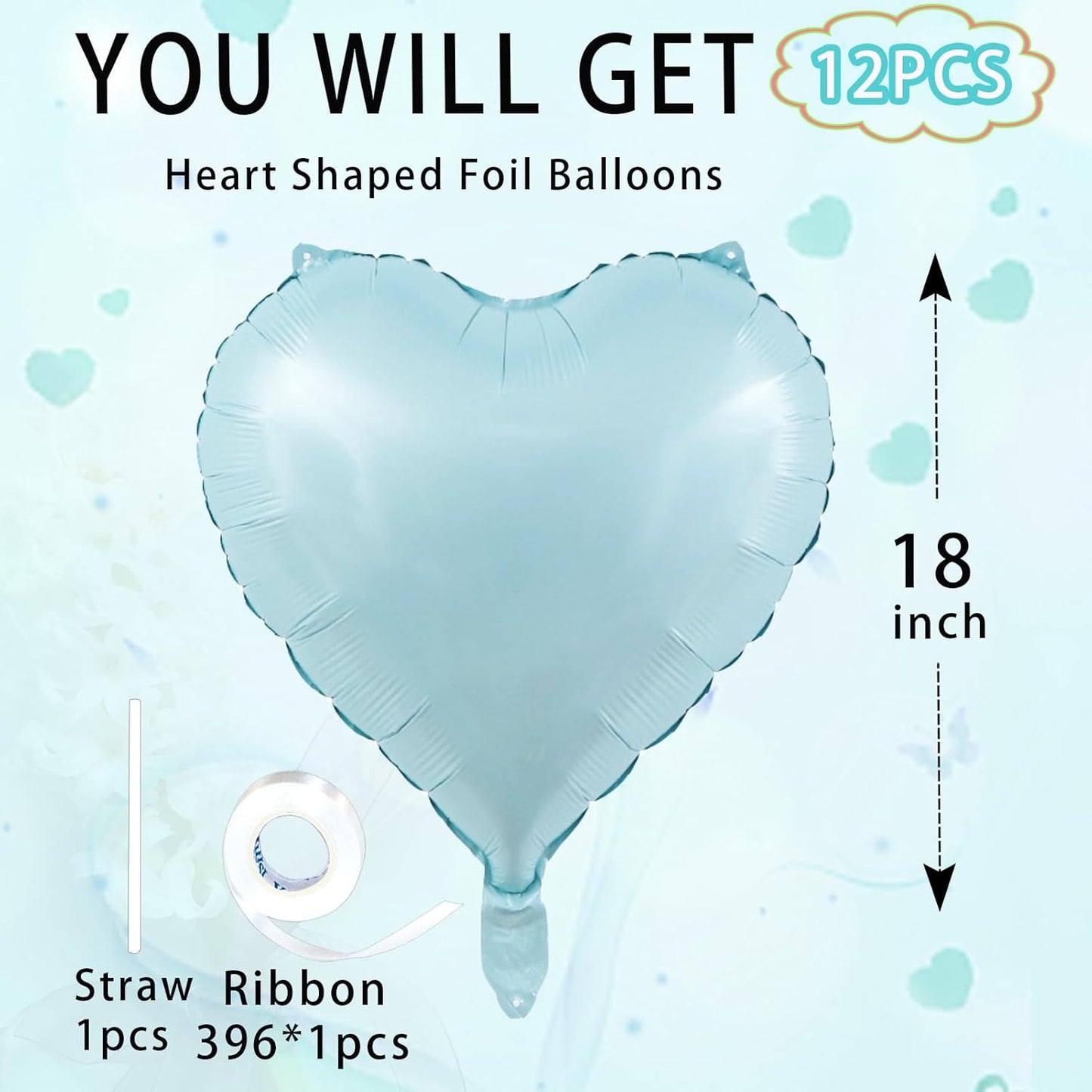 Blue Heart Ballloons,18 Inch Pastel Blue Foil Love Heart Shaped Balloons 12Pcs Baby Blue love balloon for Anniversary Wedding Birthday Party Baby Shower Valentines Day Decorations