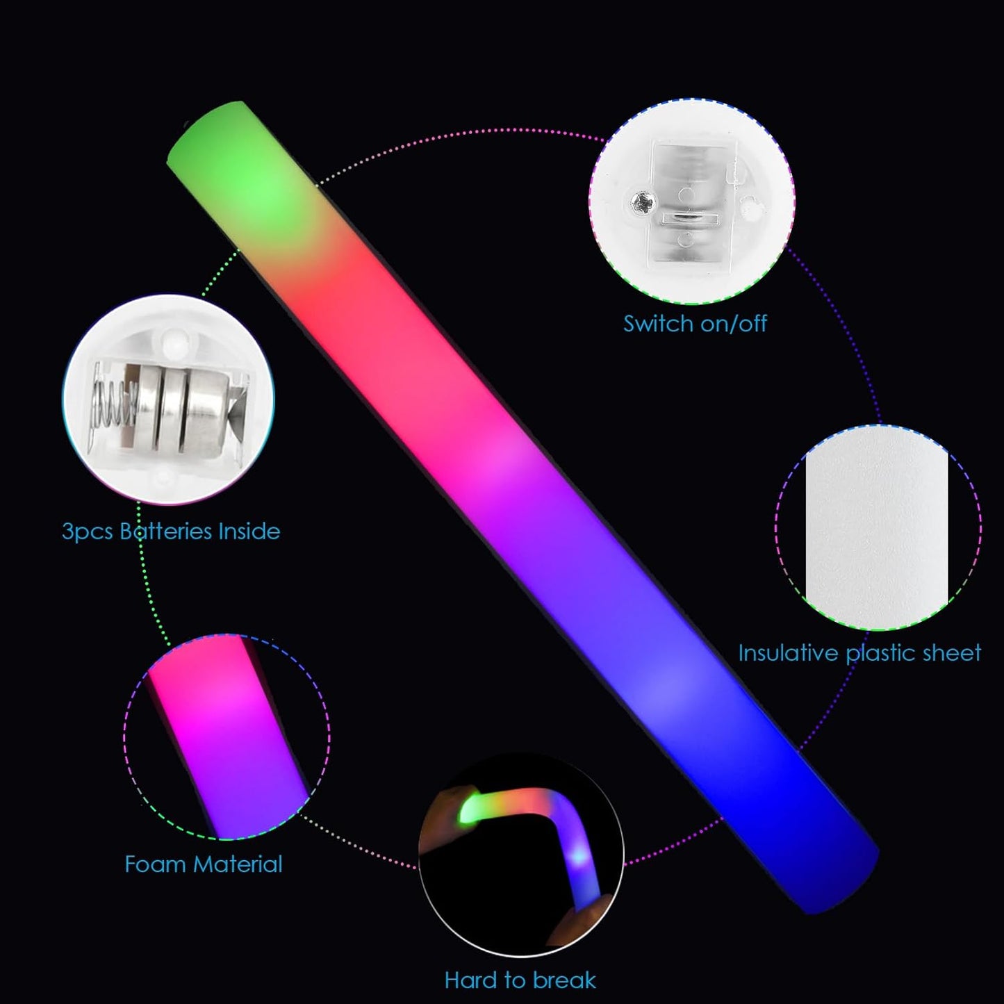 EXCECAR 208PCS Foam Glow Sticks Bulk Party Pack, Foam Light Up Sticks, Light Up Foam Sticks, 3 Mode Colorful Flashing, Glow in The Dark Sticks for Wedding Halloween Christmas Concert Party Supplies