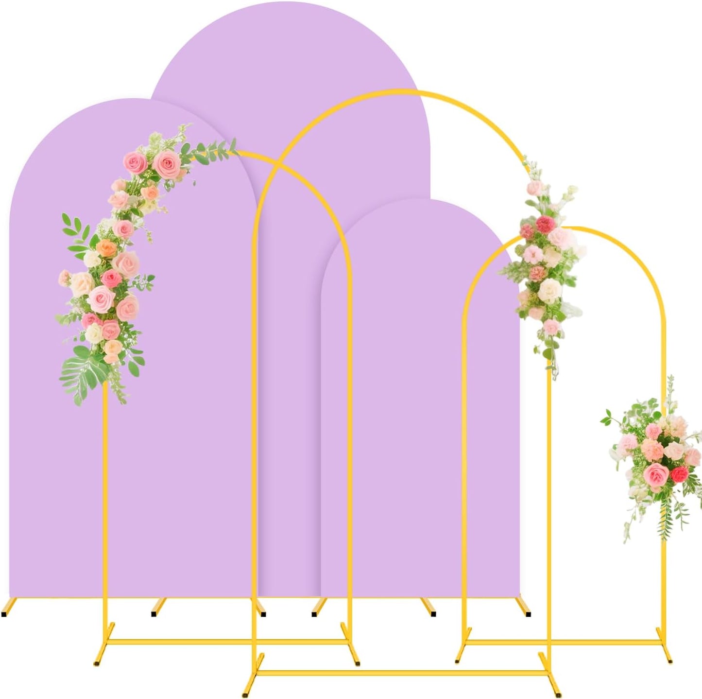 Set of 3 Arch Backdrop Stand and Wedding Arch Cover 6FT, 5FT, 4FT Stable Arches Stand Backdrop Metal Arched Frame Lavender Cover Balloon Arch Stand and Cover Set for Bridal Baby Shower Event Decor