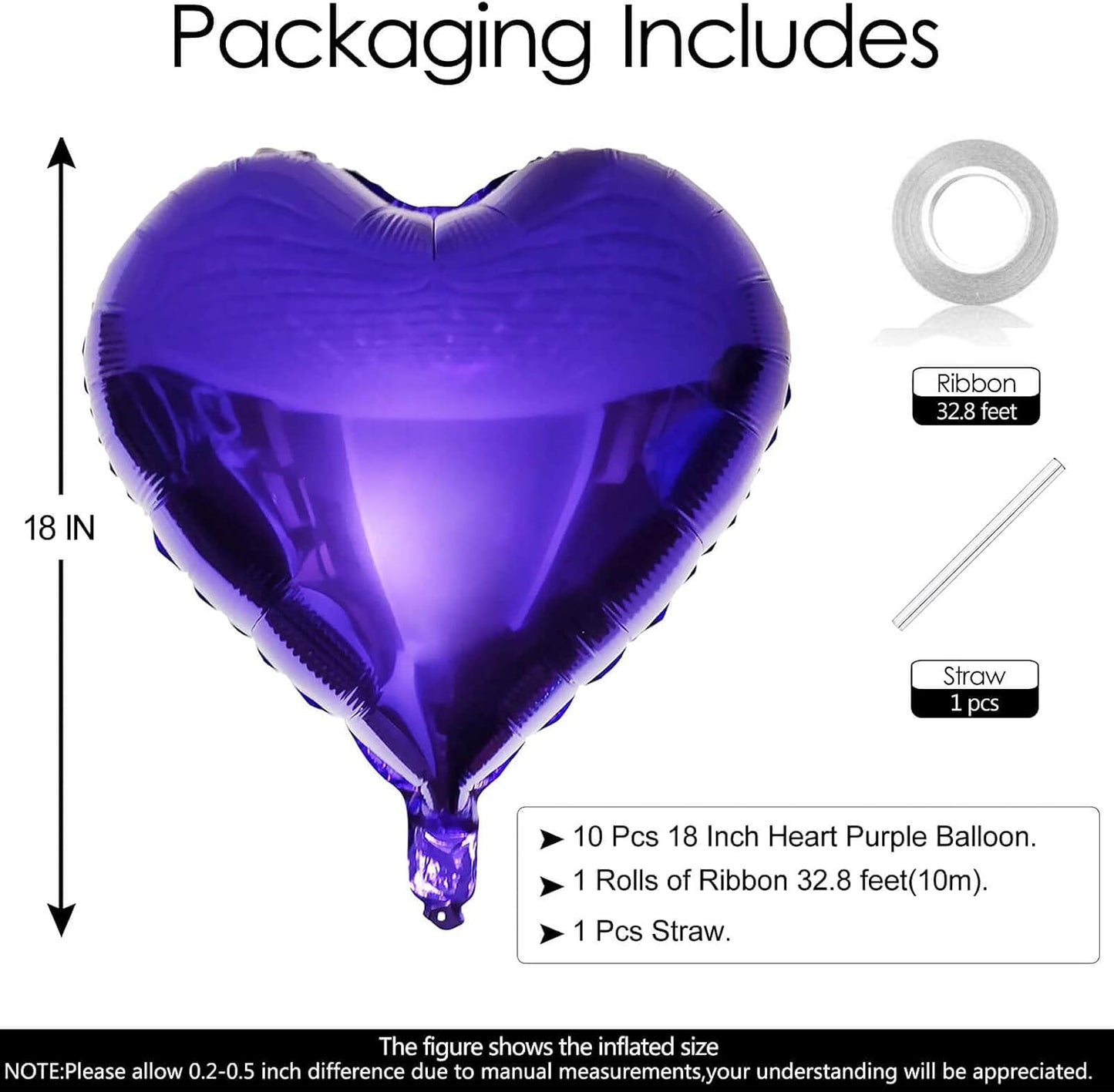 10Pcs Purple Foil Heart Shaped Balloons 18 Inch Mylar for Baby Shower, Wedding, Valentine Decorations - Love Party Decor
