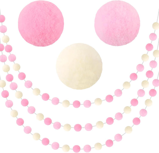 3 Pack Pom Pom Garland Colorful Felt Ball Garland Decorations, 6.5 Feet Long with 30 Balls Banner Hanging Supplies for Birthday, Baby Shower, Parties (Pink & White)