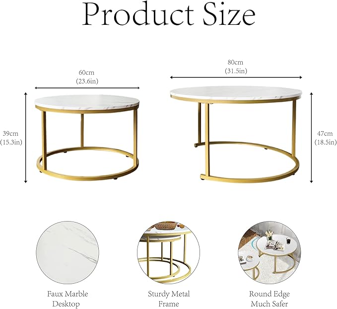 AT-VALY Coffee Table Set of 2 Nesting Tables, Round Sofa Table - Image 3