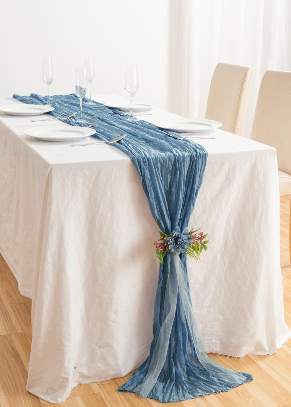 20 Pack Dusty Blue Cheesecloth Table Runner 17x108 Inch Boho Wrinkled Sheer Gauze Cheese Cloth Table Runner Bulk Romantic Decor for Wedding, Bridal Shower, Birthday Party
