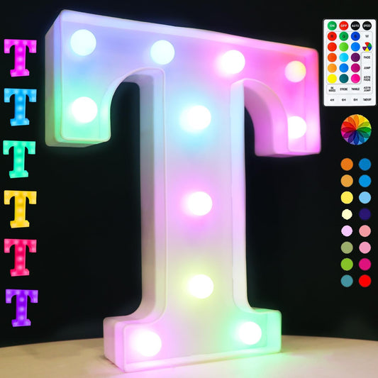 Light Up Colorful LED Marquee Letter lights, 18 Colors Changing Alphabet Letters Sign with Remote Timer for Night Light Girls Bedroom Wedding Birthday Party Lamp Christmas Home Bar Decor- Colorful T