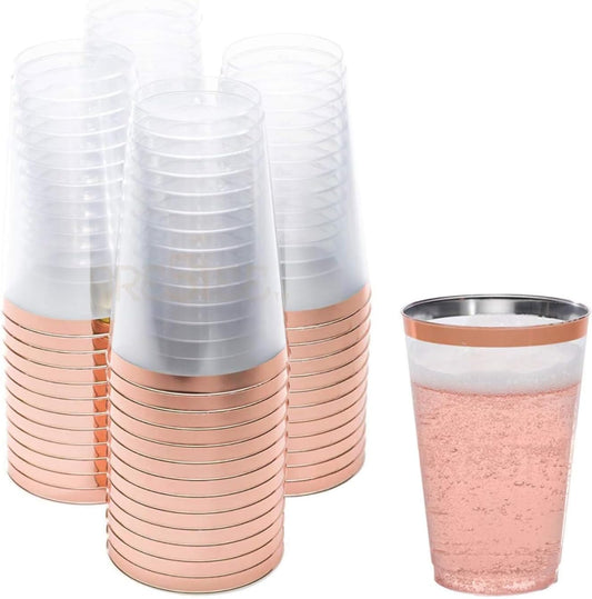 50 Pack Disposable Plastic Cups by Prestee - 14 oz Rose Gold Rimmed Plastic Wine Glasses - Heavy Duty, Pink Rim Cup - Disposable Party Cups and Fancy Wedding Tumbler - Elegant Decoration Cup for Party