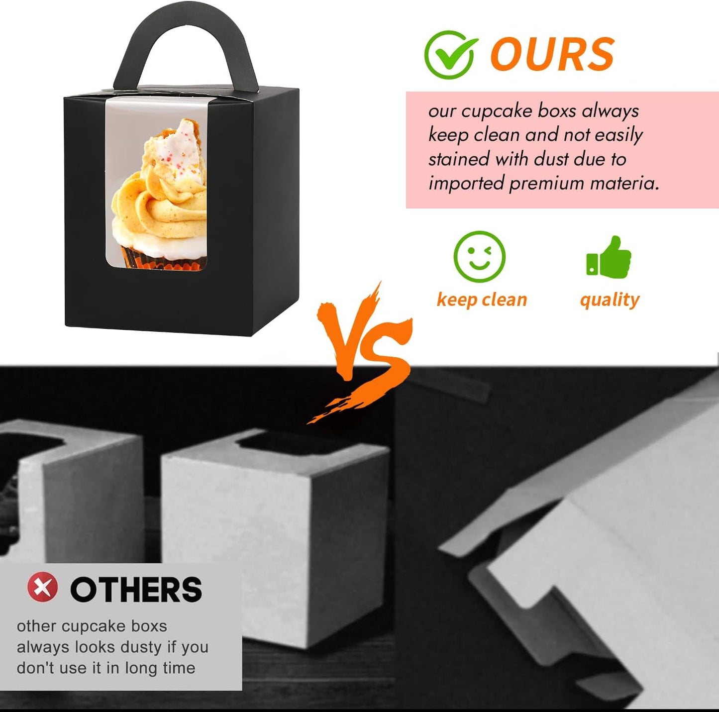 JCD Black Cupcake Boxes Individual 120 Packs Cupcake Holders Disposable Single Cupcake Boxes with Window and Insert Muffins Cupcake Carriers Holder Cookie, Dessert, Donuts, Cupcakes (Black/120Pcs)