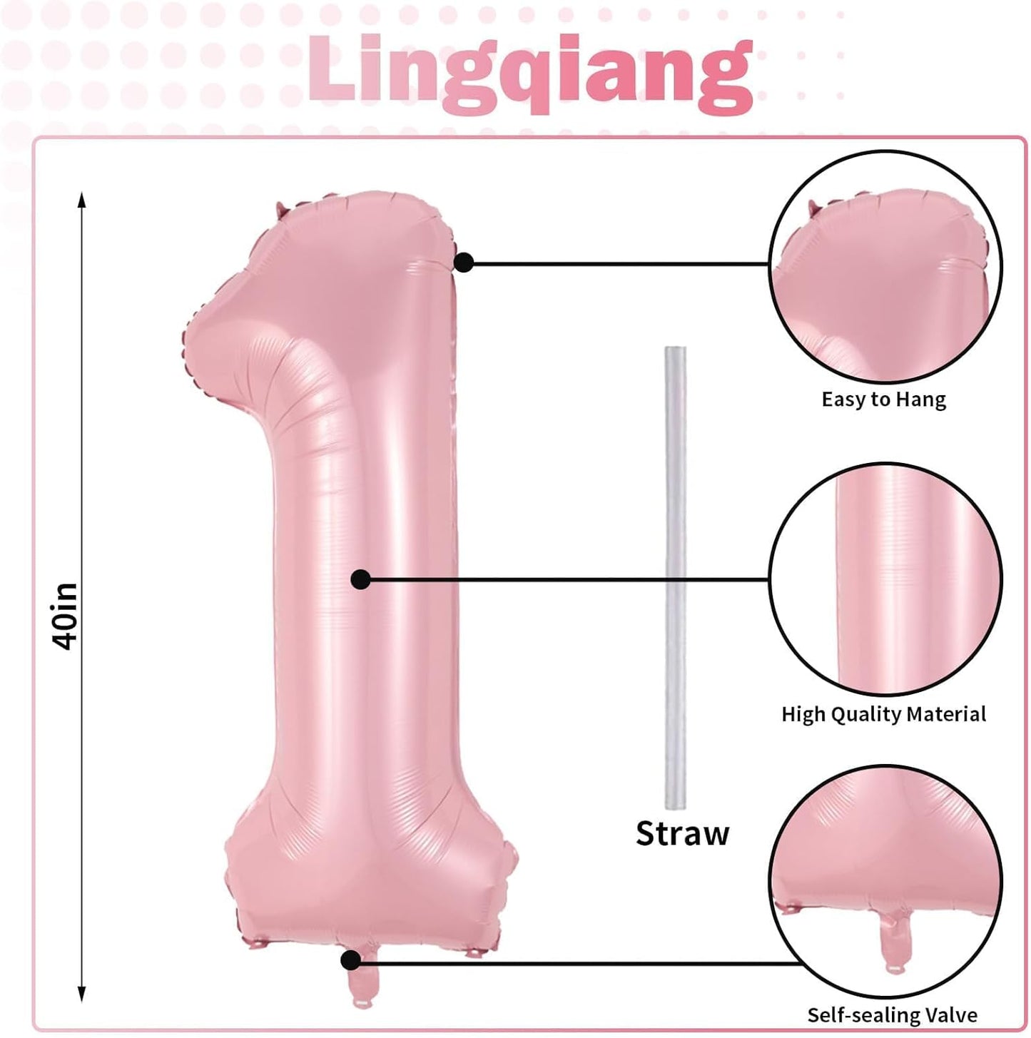 Pastel Pink 1 Balloons, 40 Inch Giant Light Pink Helium Foil Number 0-9 for Girls, Self Inflating 1st Birthday Balloon for Women Anniversary Baby Shower Princess Party Decorations Supplies