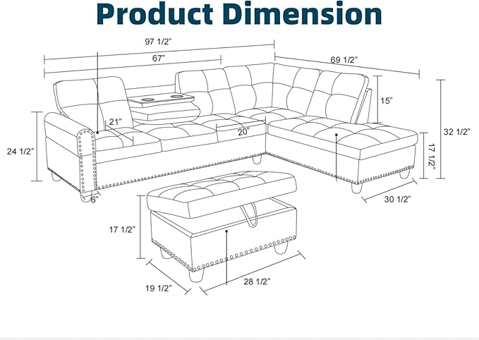 97.5" L Shaped Couch Set Linen, Modular Sectional Couches - Image 2