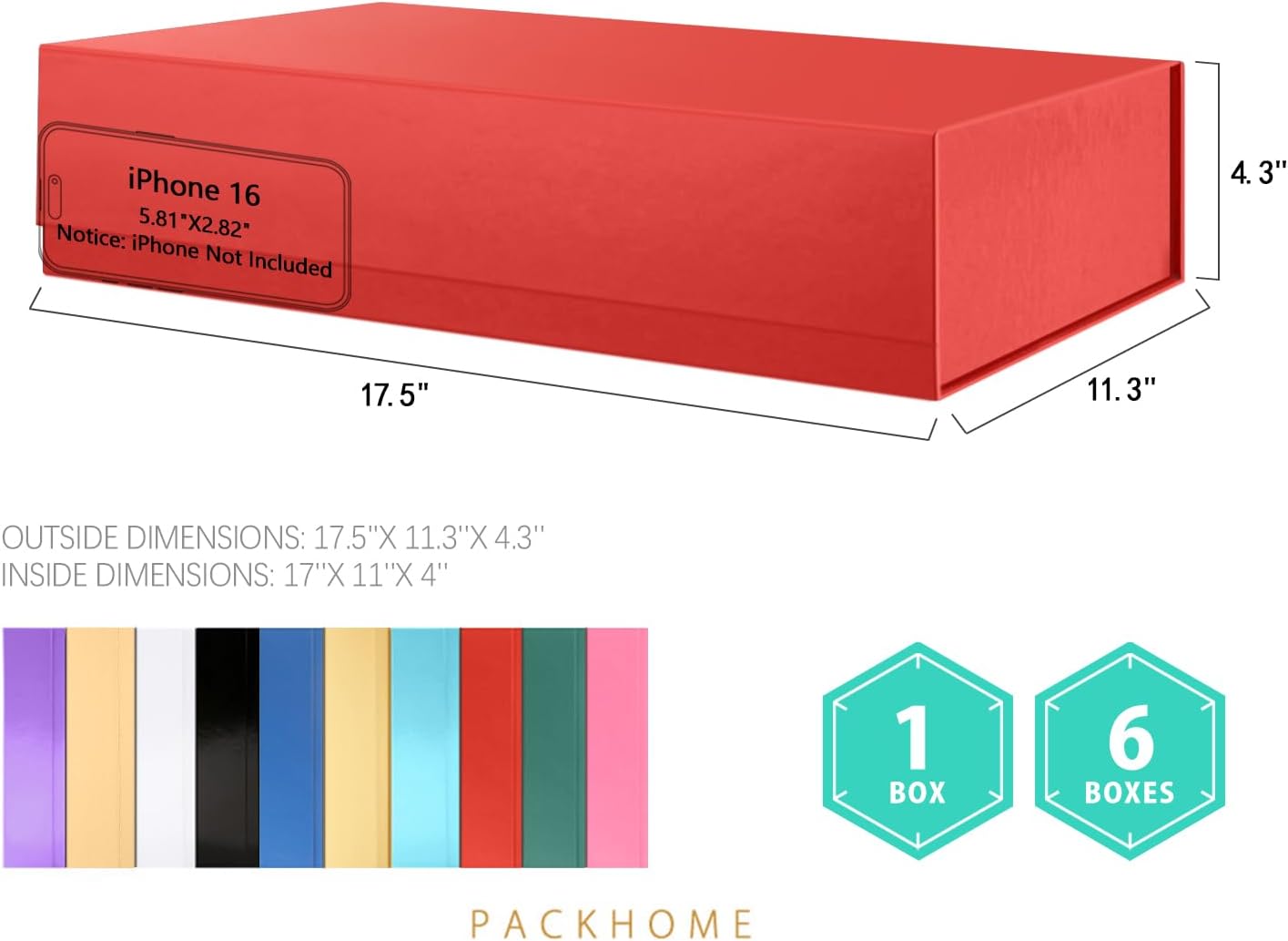 PACKHOME Extra Large Gift Box 17.5x11.3x4.3 Inches, Sturdy Shirt Box with Magnetic Lid for Clothes and Large Gifts (Glossy Red)