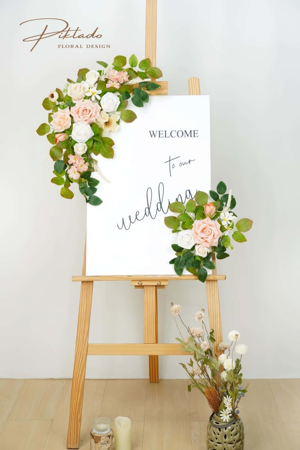 Wedding decor (pack of 2) Welcome Sign Flower Backdrop Garland For Ceremony Reception Wall Easel Home Decoration Entryway Faux Outdoor Board Head Table Decor (Flesh Pink & White)
