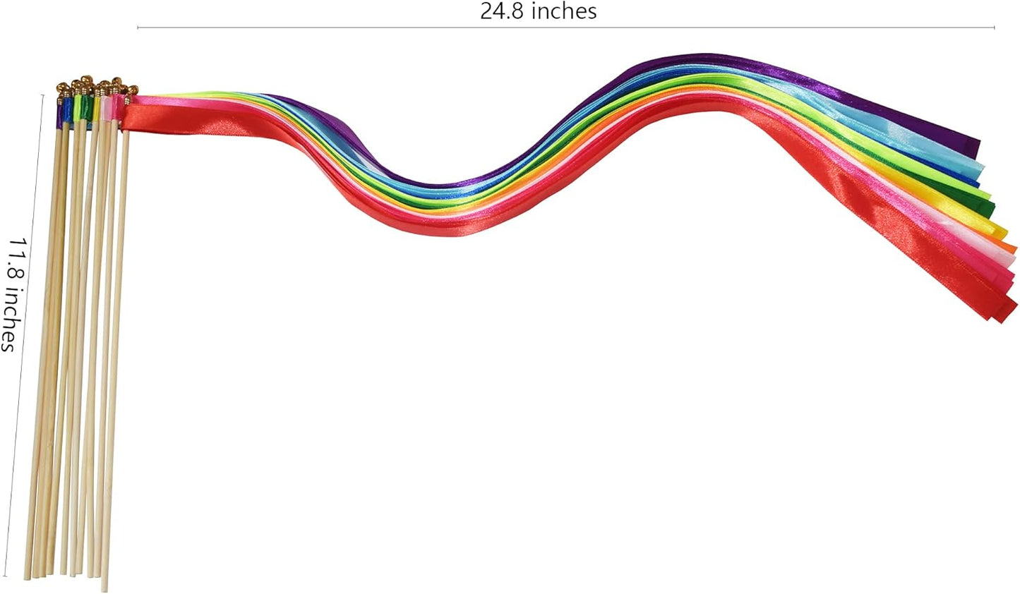 Kingsnow 100 Pieces Multi-Color Ribbon Wands Streamers Sticks with Gold Bell, Chromatic Silk Wish Wands Fairy Stick Party Rhythm Ribbon Streamers for Wedding Send Off Bridal Shower Party Photo Props