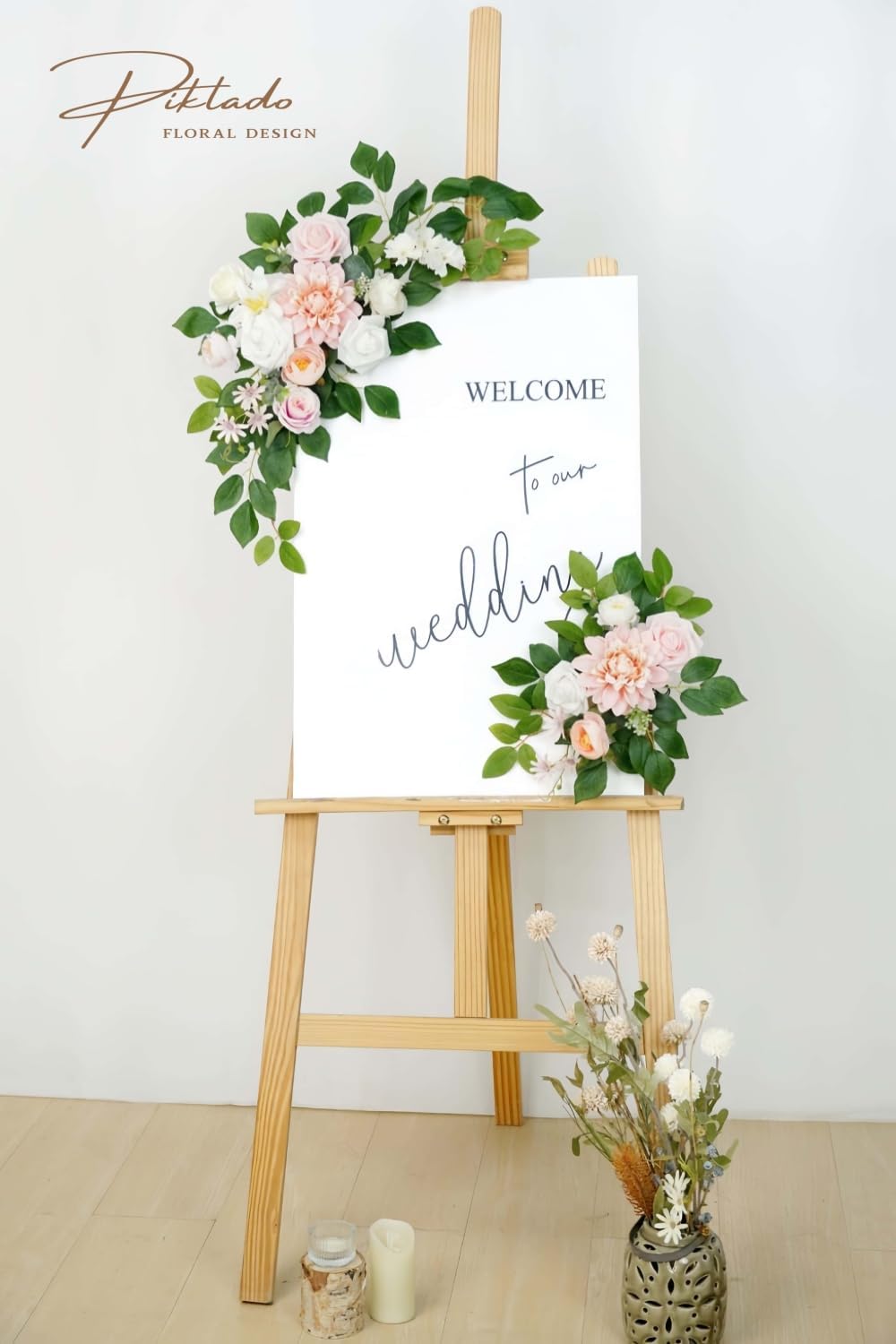 Wedding Decor (Pack of 2) Welcome Sign Flower Backdrop Garland for Ceremony Reception Wall Easel Home Decoration Entryway Faux Outdoor Board Head Table Decor (Blush)