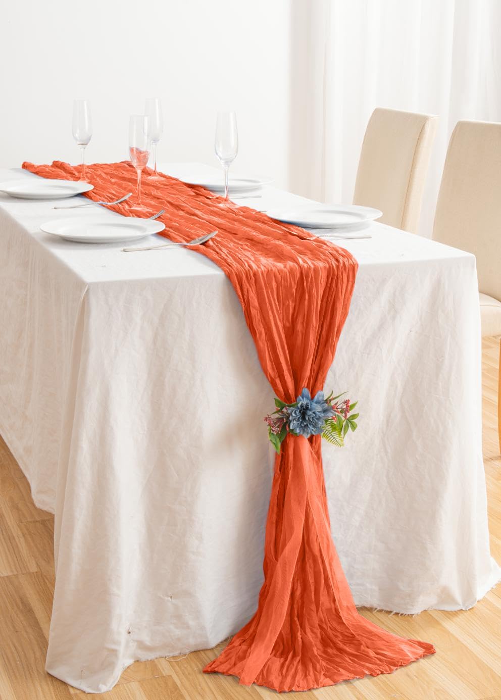 8 Pack 10Ft Orange Cheesecloth Table Runner 35x120 inch Boho Gauze Cheese Cloths Table Runners Long Wrinkled Sheer Romantic Table Runner for Wedding Bridal Shower Birthday Party Table Decor
