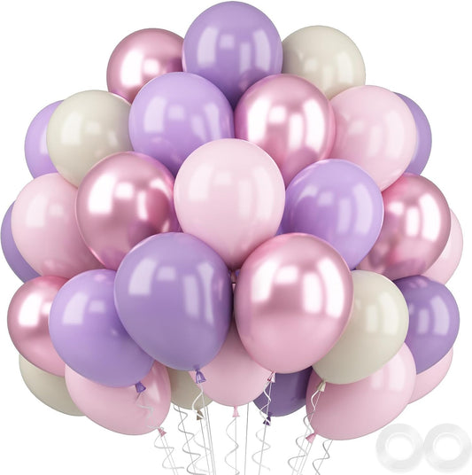 52 PCS 12 Inch Metallic Chrome Pink and Purple Latex Balloons for Girls Birthday, Baby Shower, Wedding Party Decoration