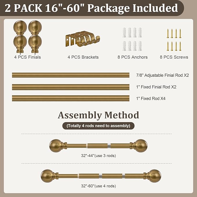 2 Pack Warm Gold Curtain Rods for Windows 28 to 48 Inch 1" Diameter Short Small - Image 9