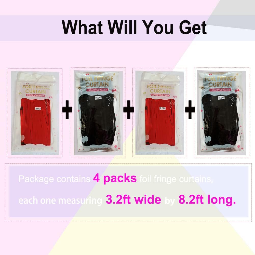 Red and Black Party Decorations- 4 Pack of 3.2x8.2ft Foil Fringe Curtains for 2025 Graduation Party Decorations Birthday Backdrop Decorations