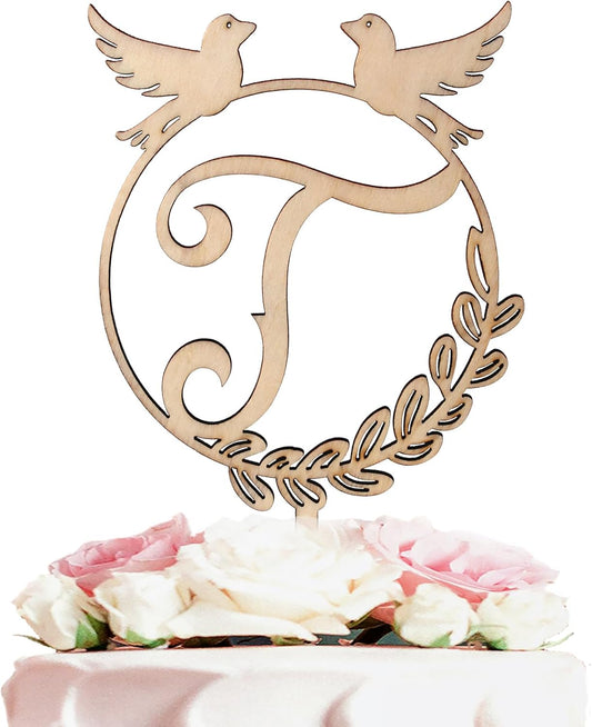 LINGTEER Personalized Inital Letter T Wood Cake Topper Perfect for Birthday Rustic Wedding Anniversary Party Keepsake Decoration