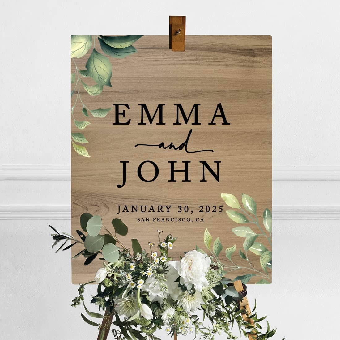 Andaz Press Large Wooden Welcome Sign for Wedding, Rustic Welcome Sign 16" x 20" Custom Names Greenery Leaves Wedding Signage English Oak MDF Wood Finish Wedding Reception Indoor Outdoor Signs