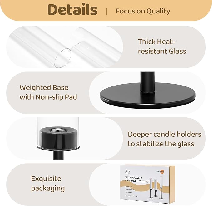 Black Hurricane Glass Candle Holders Set of 3, Tall Metal Taper Candle Stick - Image 3