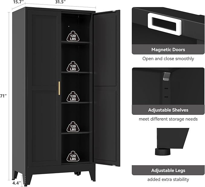 YAUWOH 71''Metal Cabinet with 4 Adjustable Shelves, 5-Tier Pantry Storage - Image 3