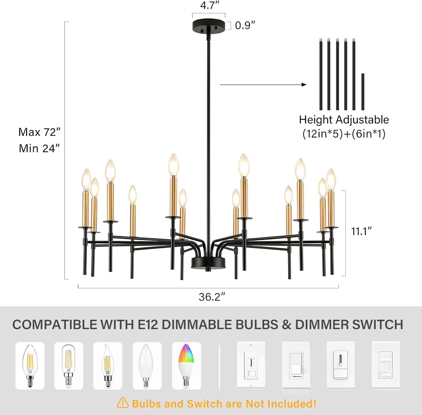 12 Light Modern Farmhouse Black and Gold Chandeliers for Dining Room Light Fixture, Metal Candle Chandelier Lighting Fixtures for Living Room Stair Foyer Entryway Bedroom Kitchen