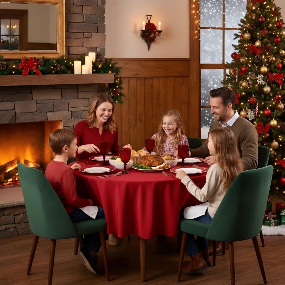 sancua Round Tablecloth - 80 Inch - Water Resistant Spill Proof Washable Polyester Table Cloth Decorative Fabric Table Cover for Dining Tables, Buffet Parties and Camping, Red