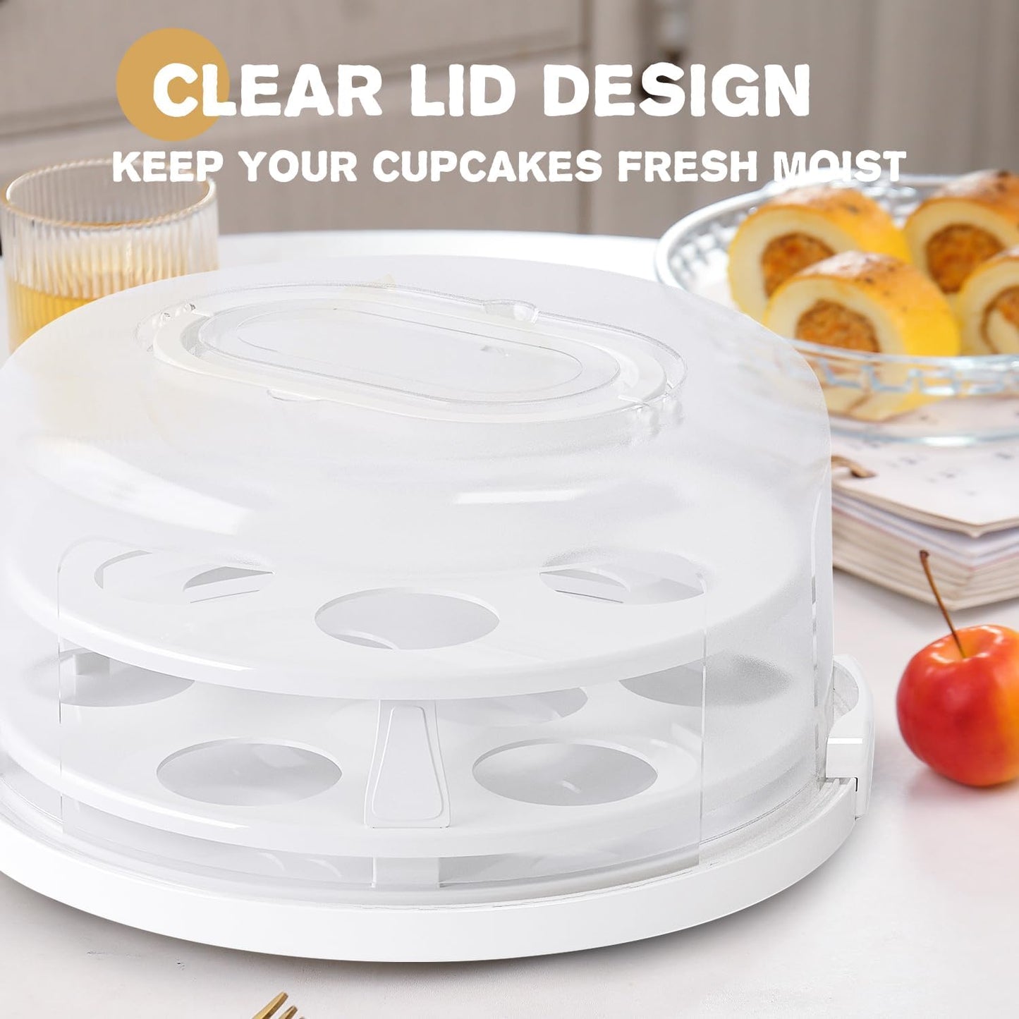 Round Cupcake Carrier for Transport, Two Tier Cupcake Container with Lid and Handle, Multipurpose Cake Holder fits 10 inch Cake, Cupcake Box Holds 14 Standard Cupcakes,White