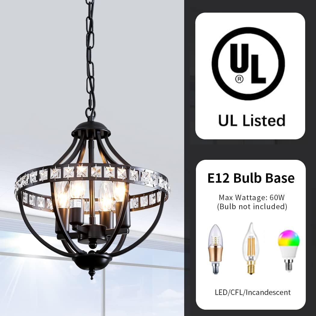 Crystal Chandelier Light Fixtures, 4-Lights Farmhouse Rustic Vintage Black Pendant Hanging Lighting Ceiling Chandeliers for Kitchen Island Dining Room Living Room Bedroom Foyer Hallway