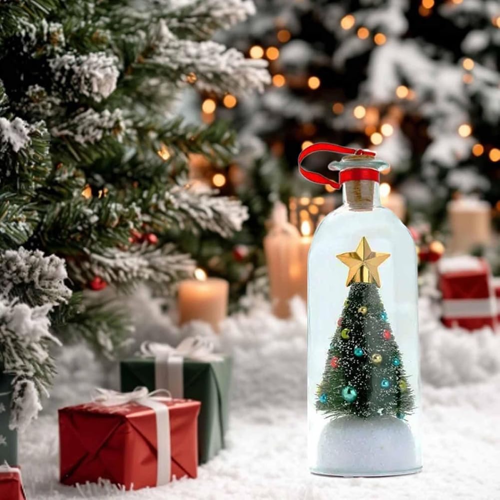 Christmas Tree Message in a Bottle, Recordable Christmas Tree Voice Message Bottle Ornament for Tabletop, Holiday Memories, Snowy Scene in Nostalgic Bottle, Christmas Trees Decoration Gift (2 pcs)