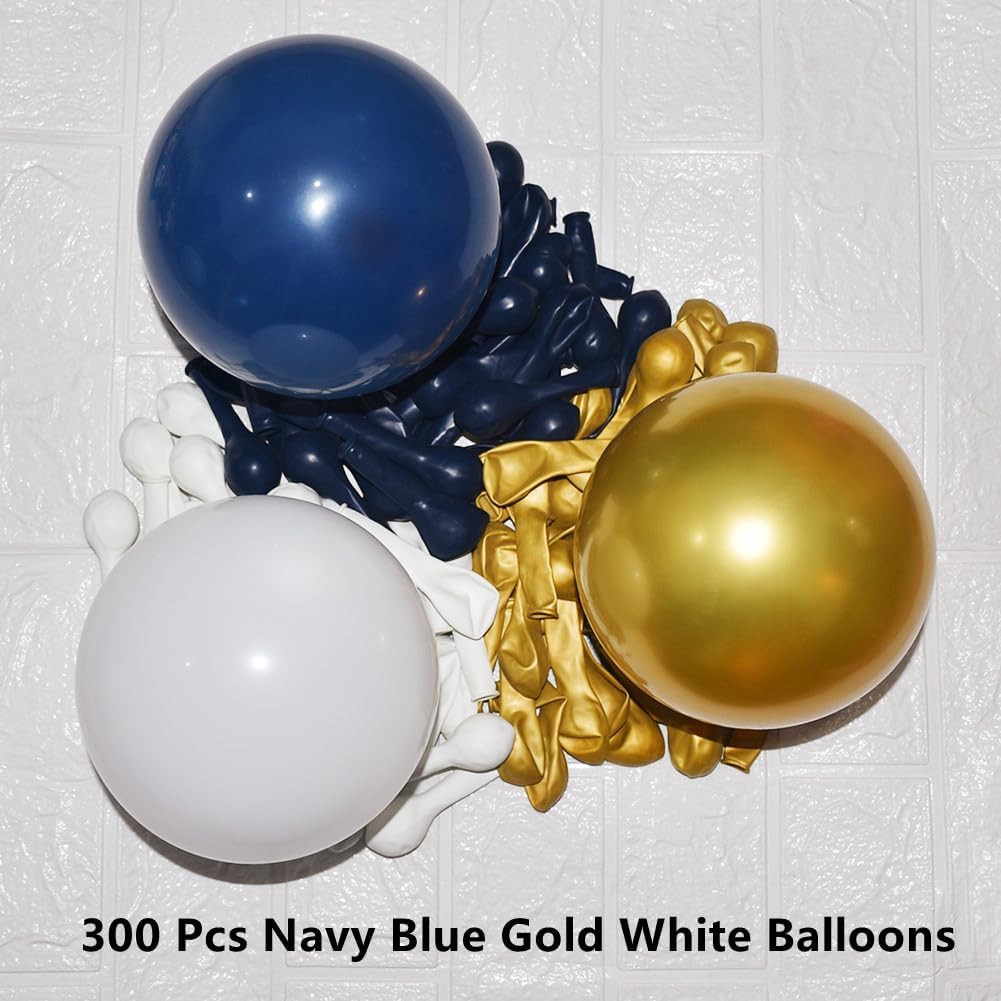 300 Pack Navy Blue Gold and White Balloons 5 Inch Metallic Latex Bulk Small Balloon Arch Garland Kit for Birthday Wedding Bridal Baby Shower Supplies Graduation Party Decorations