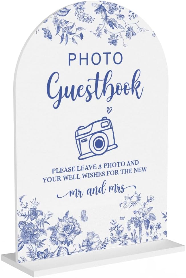 Acrylic Wedding Signs, Dusty Blue Wedding Decor, Blue Weddings Decor, Photo Guestbook Signs for Reception, Modern Calligraphy Arch Acrylic Table Top Sign for Weddings Parties Dinners (White)