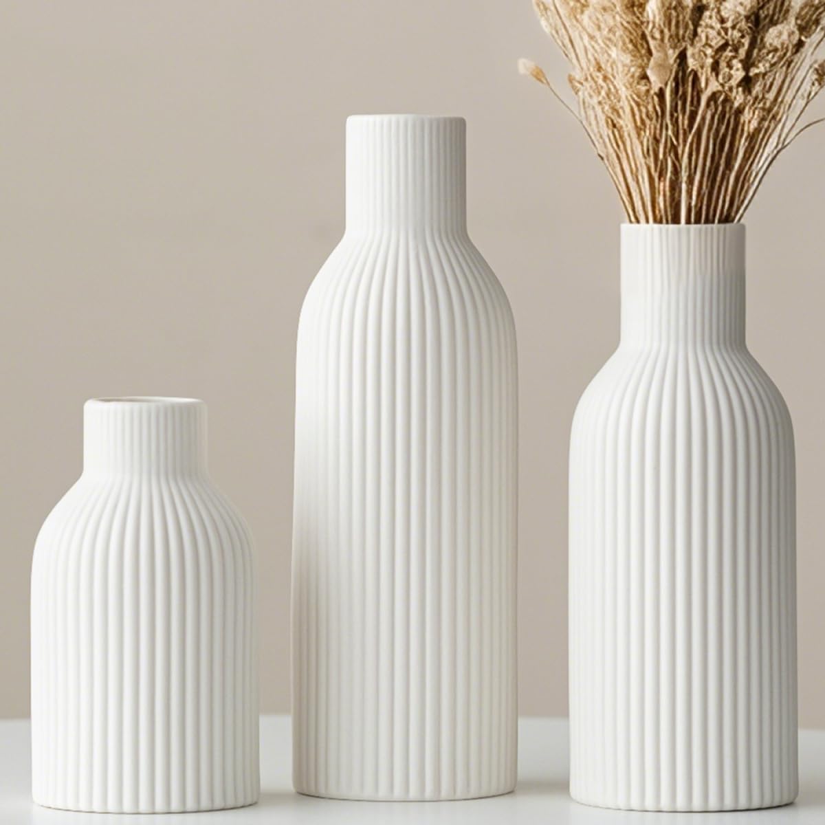 Modern Ceramic Vases Set of 3, White Ribbed Decorative Vases, Shelf Table Centerpiece for Home Decor (White)