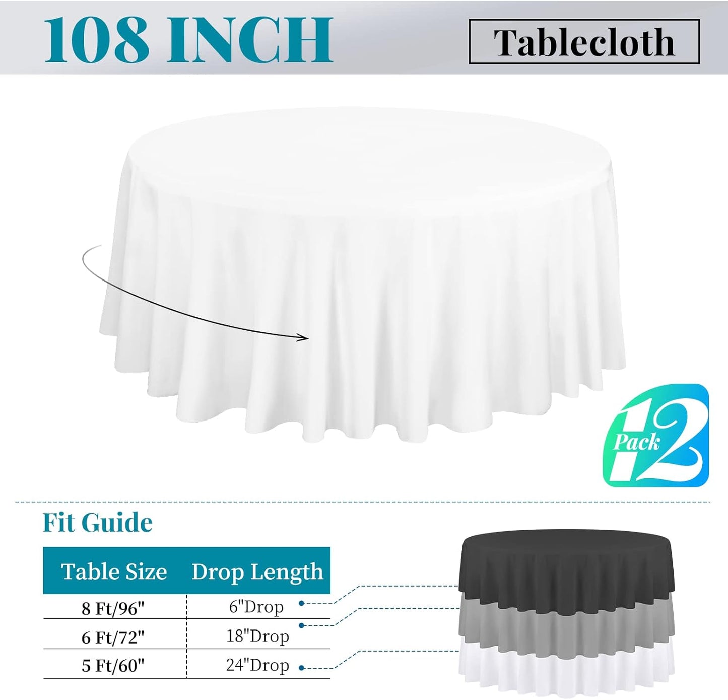 12 Pack 108 Inch Round Tablecloth, White Polyester Fabric Table Cloth for Round Table, Stain and Wrinkle Washable TableCover for Wedding Party Dining TableBuffet Restaurant Banquet and Camping