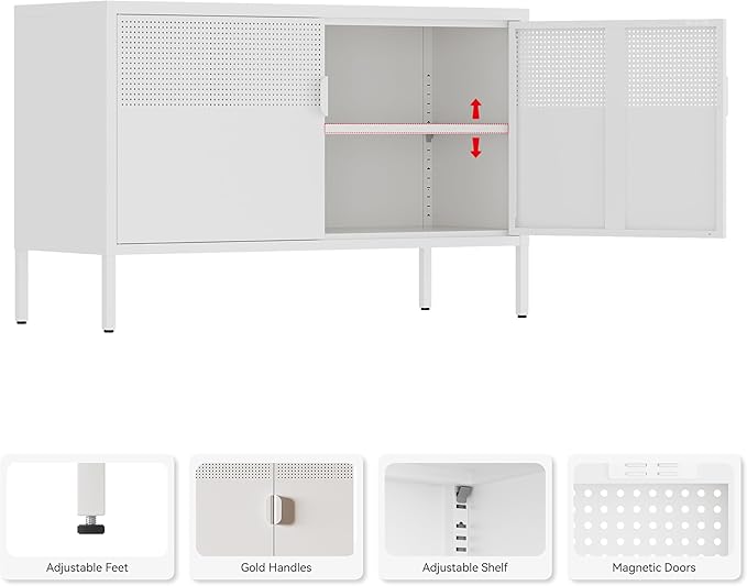 Metal Storage Cabinet, 2 Door TV Stand, Metal Mesh Accent Cabinet, Magnetic - Image 4