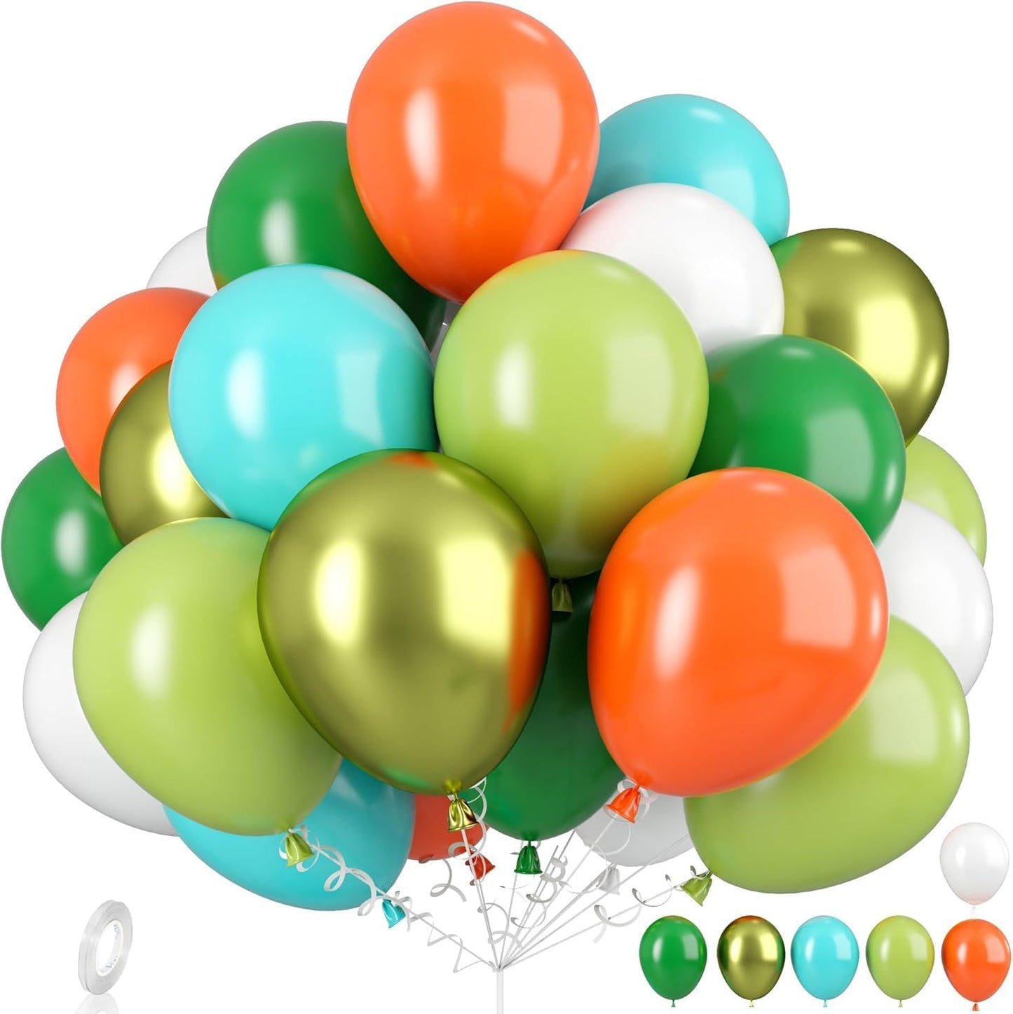 Orange Blue and Green Balloons, Assorted Latex Balloons, Orange Teal Turquoise Blue Fruit Green Metallic Green and White Party Balloon, for Dinosaur Safari Jungle Themed Birthday Party Decor
