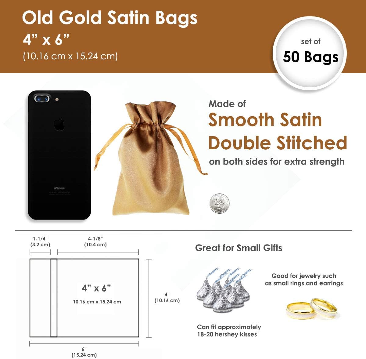 4" x 6" Old Gold Satin Gift Bags, Jewelry Bags, Wedding Favor Drawstring Bags Baby Shower Christmas Gift Bags 50 per Pack