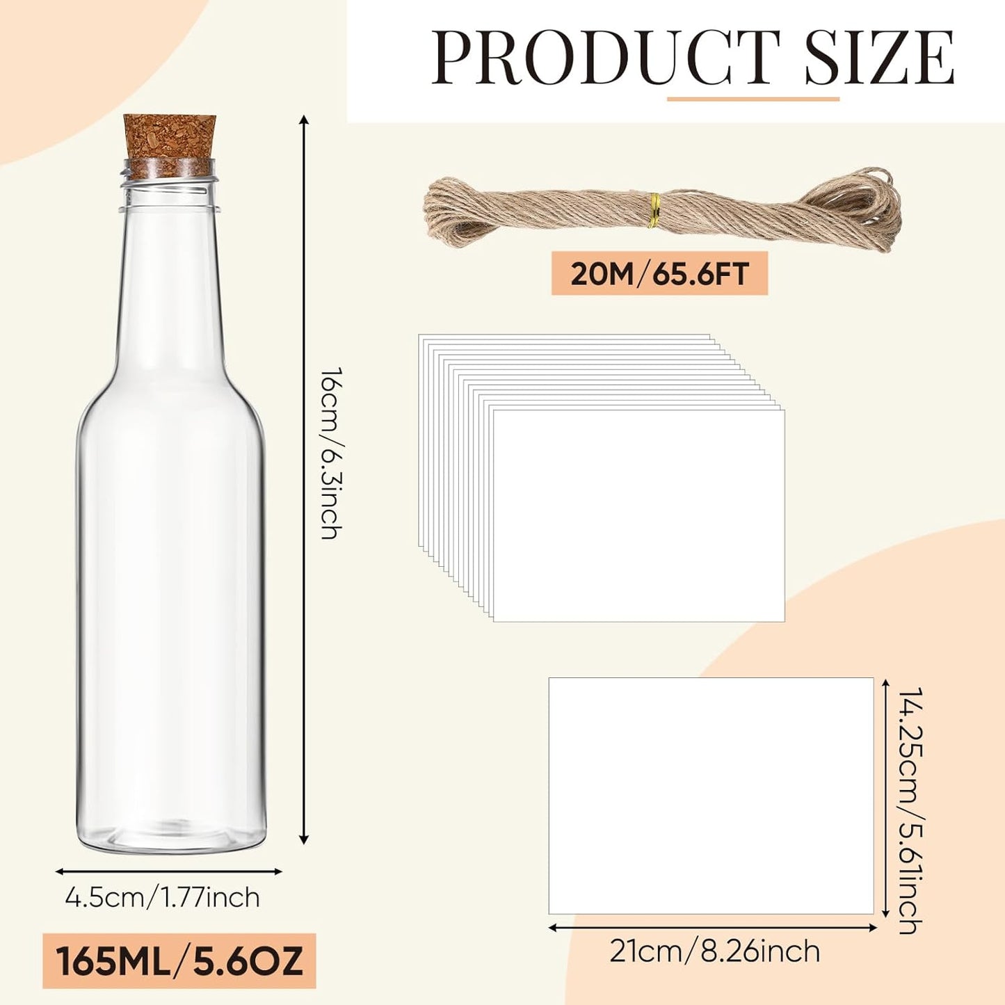 Baderke 24 Pcs 5.6 oz Message Bottles with Letter Printer Paper Plastic Bottles & Corks Twines for Message Invitations Birthday Wedding Baby Shower DIY Crafts Gift Party Favors (White)