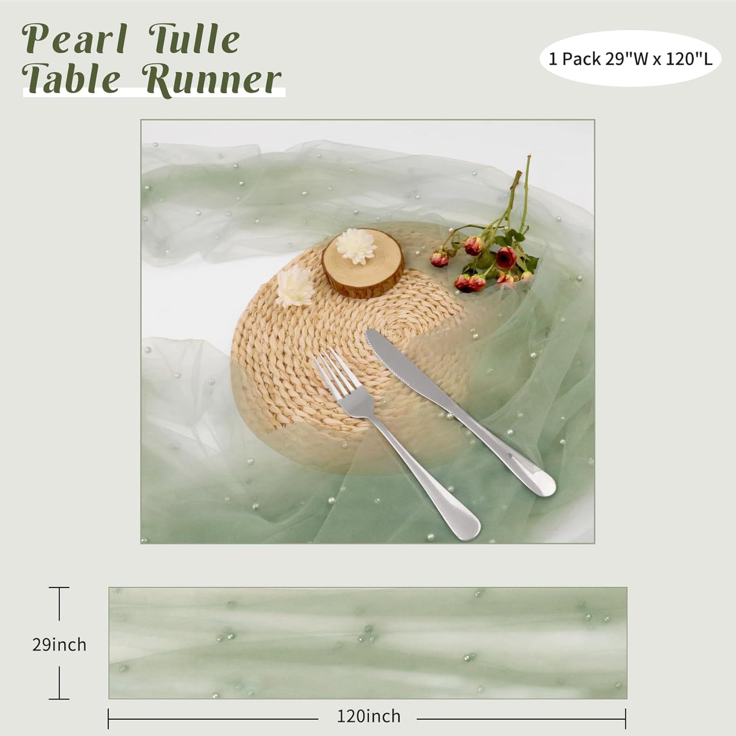 Pearl Table Runner 29 x 120 Inch Tulle Fabric Lace Table Runners Boho Rustic Tablecloth for Bridal Shower Birthday Party Wedding Arch Aisle Veil Dessert Table Decor(1 Pack, Sage Green)