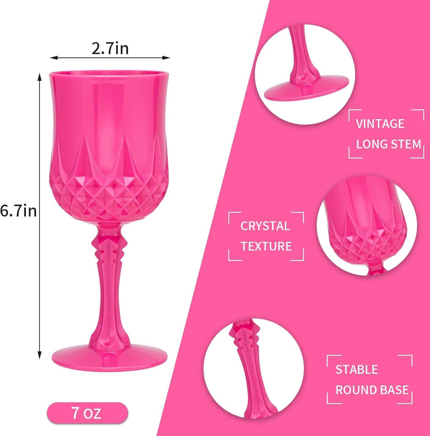 Plastic Vintage Wine Glasses 7OZ Plastic Goblets Vintage Drinking Glasses 24PCS Retro Wedding Glassware Water Goblets Reusable Drinking Cups for Party,Reception,Celebration,Bar,Whiskey(Rose Pink)