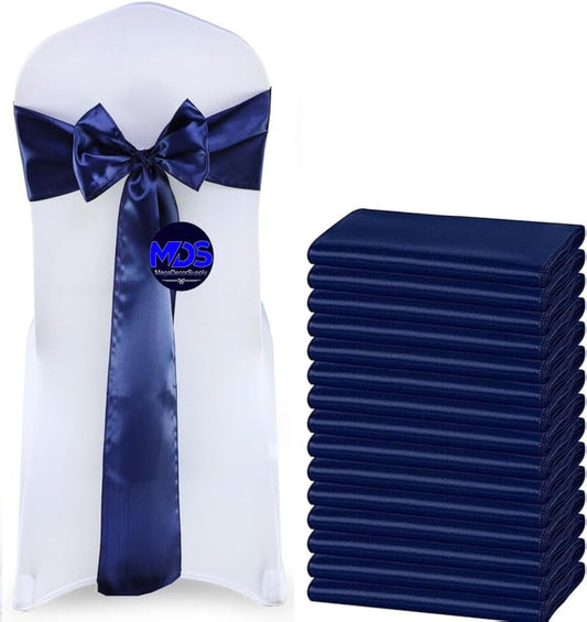 MDS Pack of 25 PCS Satin Chair Sashes Charmeuse Sateen Dining Chair Bows Ribbon Ties Back Sash for Wedding Party Birthday Home Hotel Restaurant Banquet Decoration (7 x 108 Inch, Navy Blue)