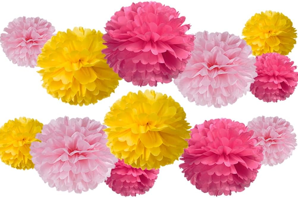Hot Pink Yellow and Pink Tissue Paper Pom Poms Flower for Baby Shower Spring Summer Birthday Wedding Groovy Theme Party Decoration, 12pc