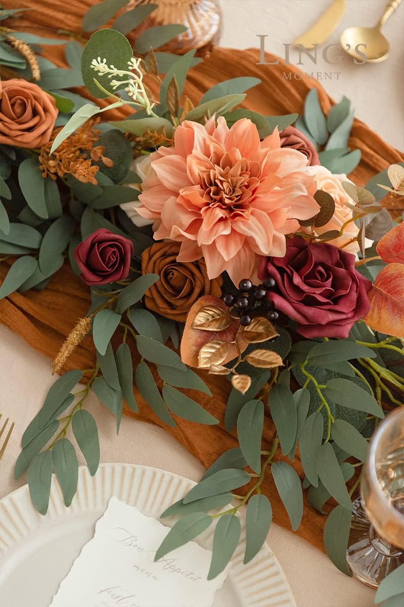 Ling's Moment Terracotta Flower Garland - 6FT Eucalyptus & Rose - Sweetheart Table Decor for Wedding Reception, Fall Artificial Floral Garland for Mantle, Christmas Decoration, Burnt Orange