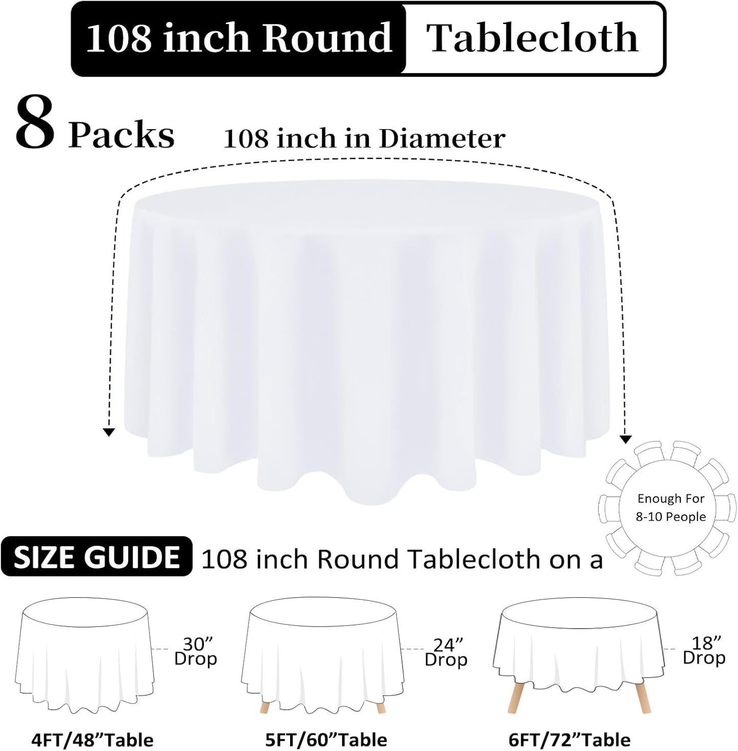 8 Pack White Round Tablecloth 108 Inch White Table Cloth Stain and Wrinkle Resistant Round White Tablecloths Reusable and Washable Polyester Fabric Table Covers for Buffet Wedding Party and Banquet
