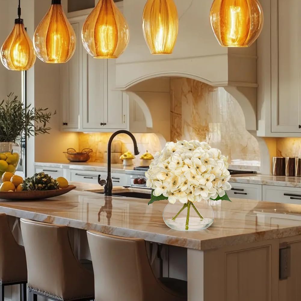 Hollyone Fall Hydrangea Artificial Flowers for Decoration with Glass Vase White Silk Fake Flower Arrangements with Faux Water Autumn Table Centerpiece Vase with Flowers Fall Decorations for Home